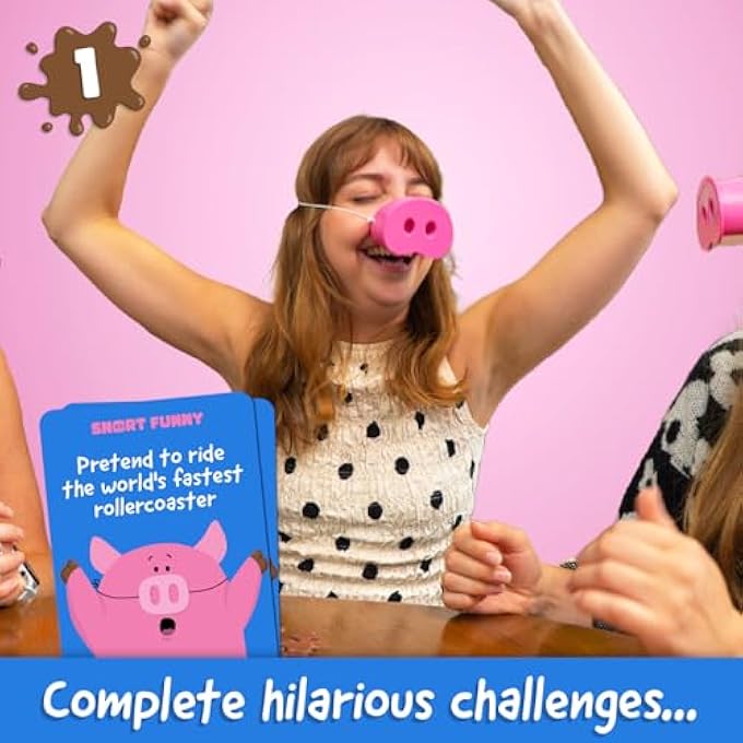 rayihni SNORT FUNNY  THE OINKREDIBLE YOU LAUGH YOU LOSE PARTY GAME, FAMILY GAMES FOR KIDS AND ADULTS W/ 150 CHALLENGE CARDS, 5 PIG SNOUTS & MUD TOKENS, FUNNY GAMES FOR FRIEND & FAMILY, 4-8 PLAYERS, AGES 8+ - Image 5